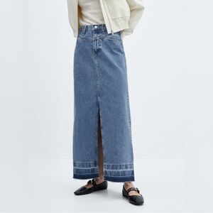 Mango Blue Denim Maxi Skirt with Front slit and Raw Hem.